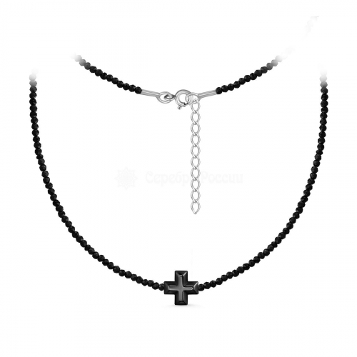 Колье женское из серебра с гематитом и чёрной шпинелью родированное - Крест Б-01гкб