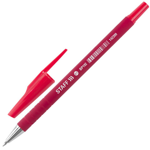 Ручка шариковая STAFF, корпус прорезиненный красный, узел 0,35 мм, линия письма 0,35 мм, красная, 142399