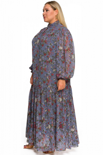 Платье шифоновое, длинное, со стоечкой, присборенной юбкой и рукавом 
