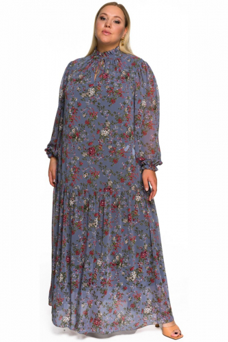 Платье шифоновое, длинное, со стоечкой, присборенной юбкой и рукавом 