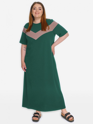 Платье с отделкой по кокетке и рукавам, зеленое, отделка кофе