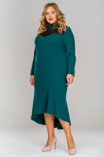 Платье с асимметричным низом и кокеткой из сетки, зеленое