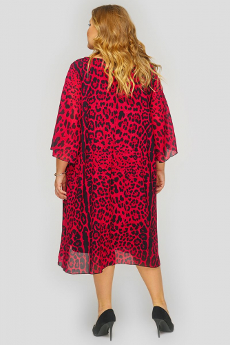 Платье с защипами по горловине, шифон принт леопард красный