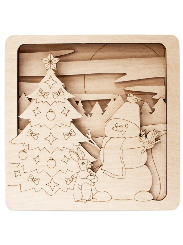 Панно деревянное Снеговик и ёлочка многослойное, сувенир для раскрашивания