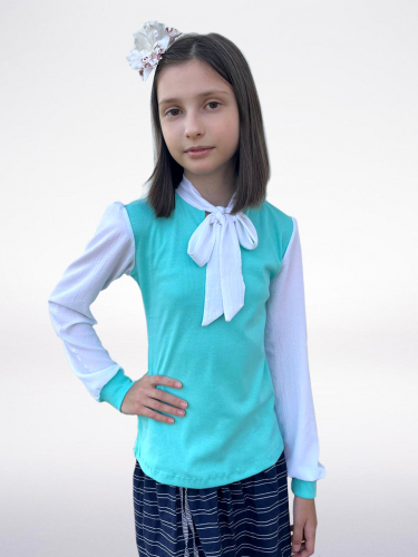 Ментоловый джемпер(блузка)для девочки с бантом-галстуком 809229-ДНШ22