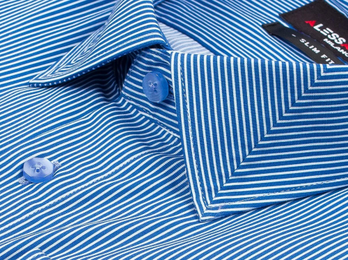 Синяя приталенная мужская рубашка Alessandro Milano 3001-49 в полоску с длинными рукавами