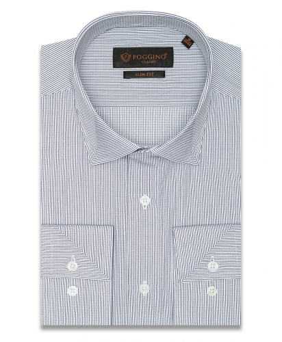 Светло-серая приталенная мужская рубашка Poggino 7000-76 в полоску с длинными рукавами