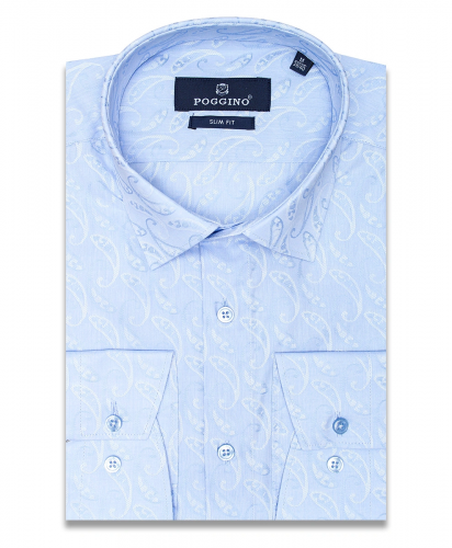 Голубая приталенная мужская рубашка Poggino 5008-49 в огурцах с длинным рукавом