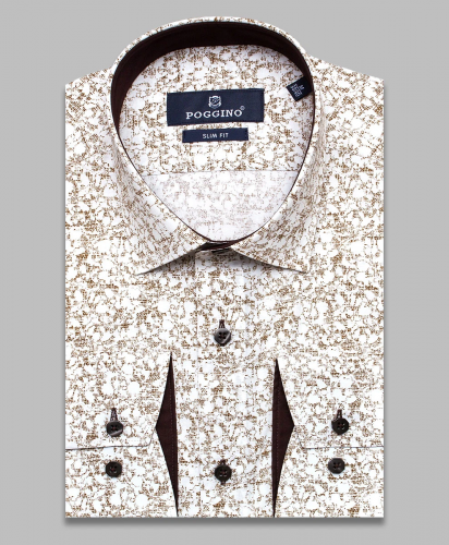 Коричневая приталенная мужская рубашка Poggino 5008-11 в абстракции с длинными рукавами