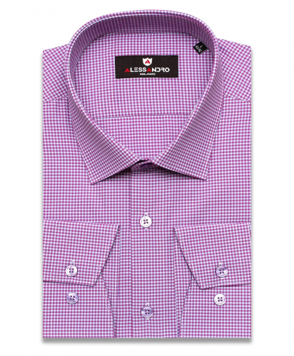 Бледно-пурпурная приталенная мужская рубашка Alessandro Milano 1100-04 в клетку с длинными рукавами