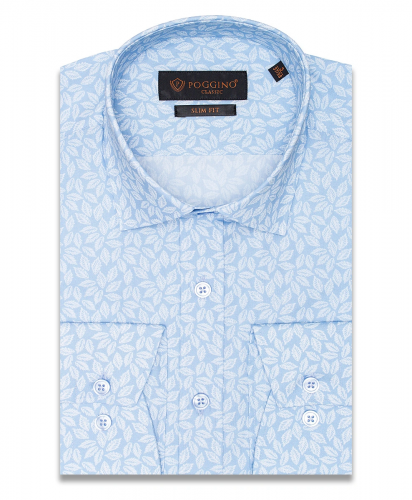 Голубая приталенная мужская рубашка Poggino 7000-56 в листьях с длинными рукавами