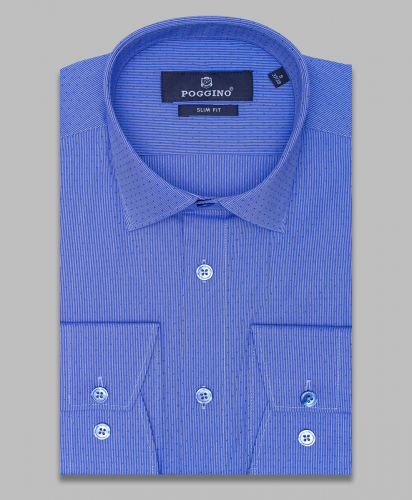 Синяя приталенная мужская рубашка Poggino 5009-56 в горошек с длинными рукавами