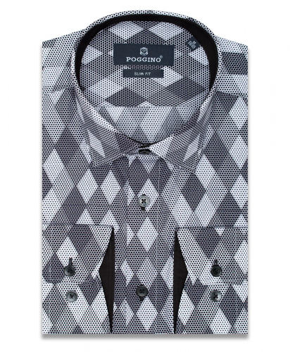 Черная приталенная мужская рубашка Poggino 5006-17 в ромбах с длинными рукавами