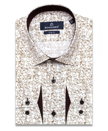 Коричневая приталенная мужская рубашка Poggino 5008-11 в абстракции с длинными рукавами