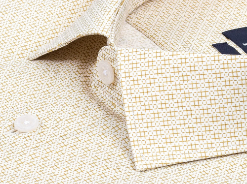 Бежевая приталенная мужская рубашка Poggino 5010-72 в клетку с длинными рукавами