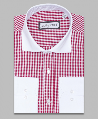 Бордовая комбинированная рубашка Louis Fabel 5244-186 в клетку с длинными рукавами