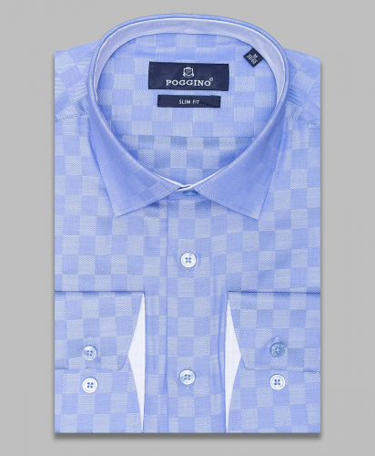Синяя приталенная мужская рубашка Poggino 5007-34 в клетку с длинными рукавами