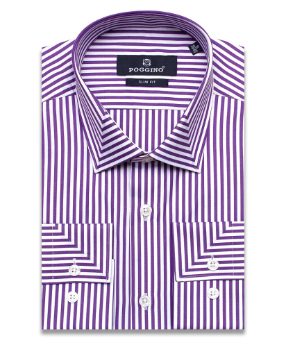 Сиреневая приталенная мужская рубашка Poggino 5010-63 в полоску с длинными рукавами