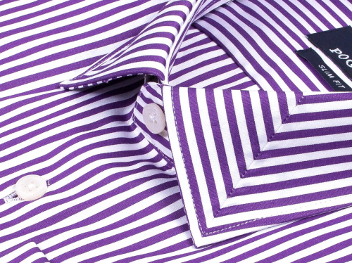 Сиреневая приталенная мужская рубашка Poggino 5010-63 в полоску с длинными рукавами