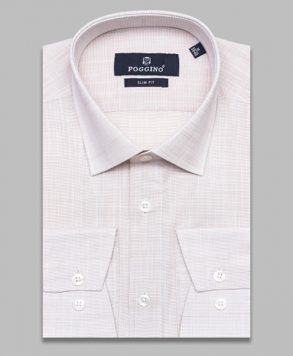 Бежевая приталенная мужская рубашка Poggino 5010-70 меланж с длинными рукавами
