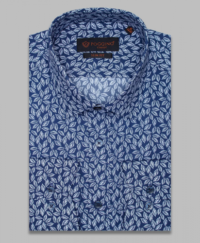 Темно-синяя приталенная мужская рубашка Poggino 7000-57 в листьях с длинными рукавами