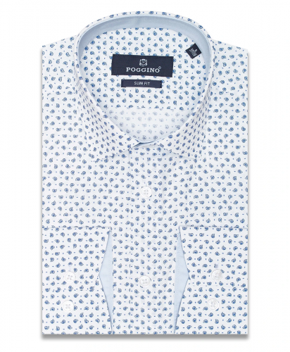 Белая приталенная мужская рубашка Poggino 5009-23 в огурчиках с длинными рукавами