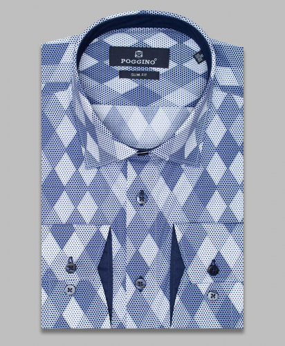 Синяя приталенная мужская рубашка Poggino 5006-16 в ромбах с длинными рукавами