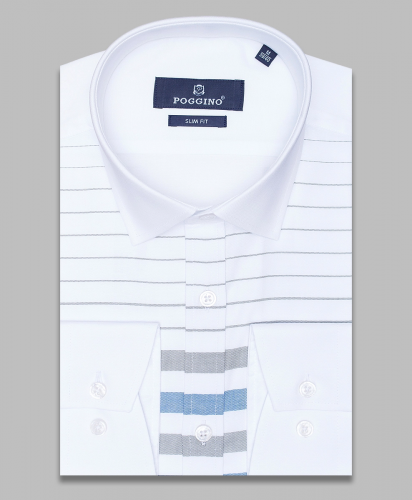 Белая комбинированная мужская рубашка Poggino 4900-31 в полоску с длинными рукавами