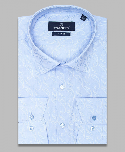 Голубая приталенная мужская рубашка Poggino 5008-49 в огурцах с длинным рукавом