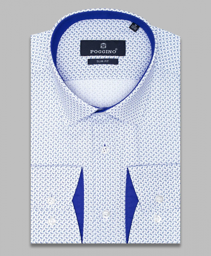 Белая приталенная мужская рубашка Poggino 5008-24 в огурчиках с длинным рукавом