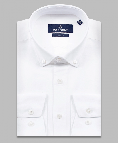 Белая приталенная мужская рубашка Poggino 5010-117 с длинными рукавами и воротником баттен-даун