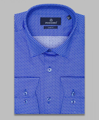 Синяя приталенная мужская рубашка Poggino 5009-05 в узорах с длинным рукавом