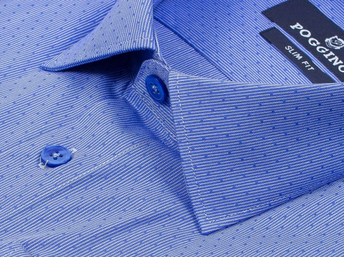 Синяя приталенная мужская рубашка Poggino 5009-56 в горошек с длинными рукавами