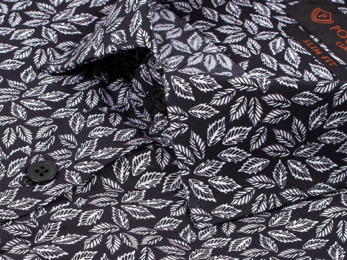 Черная приталенная мужская рубашка Poggino 7000-55 в листьях с длинными рукавами
