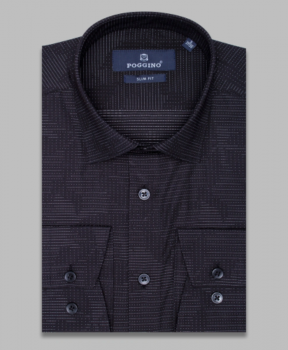 Черная приталенная рубашка Poggino 5009-38 в листьях с длинными рукавами