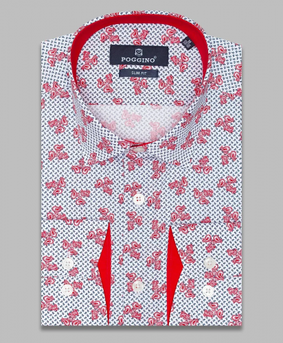 Разноцветная приталенная рубашка Poggino 5007-46 в огурцах с длинными рукавами