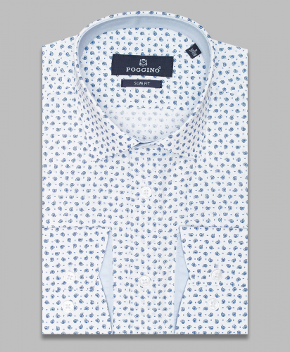 Белая приталенная мужская рубашка Poggino 5009-23 в огурчиках с длинными рукавами