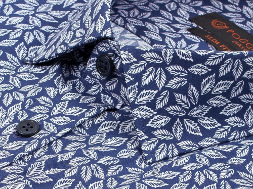 Темно-синяя приталенная мужская рубашка Poggino 7000-57 в листьях с длинными рукавами