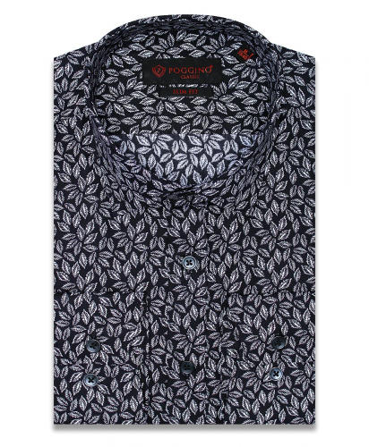 Черная приталенная мужская рубашка Poggino 7000-55 в листьях с длинными рукавами