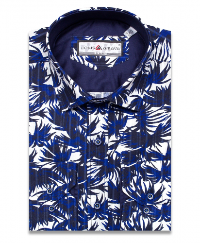 Темно-синяя приталенная мужская рубашка Louis Amava 9210-10 в листьях с длинными рукавами