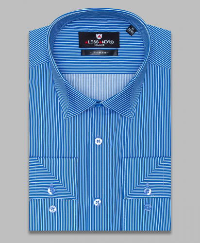 Синяя приталенная мужская рубашка Alessandro Milano 3001-49 в полоску с длинными рукавами