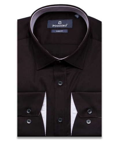 Черная приталенная мужская рубашка Poggino 3001-23 с длинными рукавами
