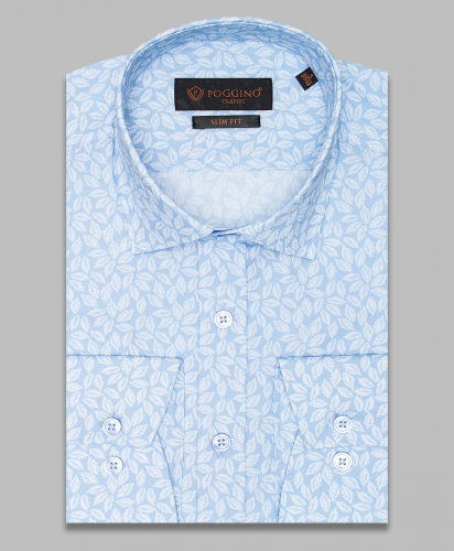 Голубая приталенная мужская рубашка Poggino 7000-56 в листьях с длинными рукавами
