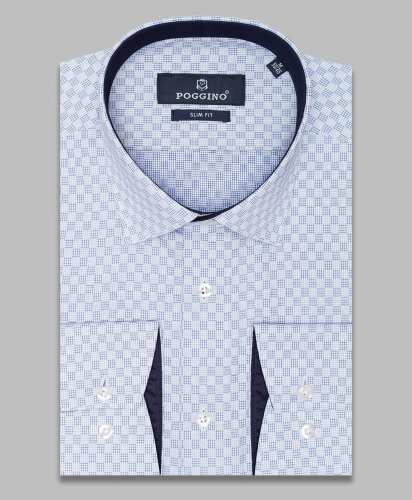 Серо-голубая приталенная рубашка Poggino 5008-09 в клетку с длинными рукавами