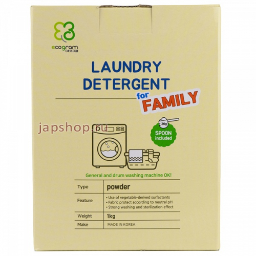 EcoGram Laundry Detergent For Family Концентрированный стиральный порошок на основе натуральных компонентов, 30 стирок, 1 кг (8809329708268)