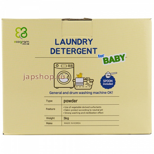 Ecogram Baby Высококонцентрированный стиральный порошок, для детского белья, 90 стирок, 3 кг (8809329708299)