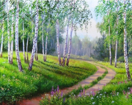 Картина по номерам 40х50 - Дорога в берёзовом лесу (худ. Самарская Е.)