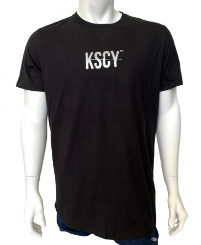 Черная мужская футболка K S C Y с белыми надписями  №543
