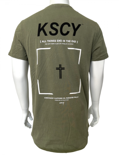 Оливковая мужская футболка K S C Y с бело-черным принтом  №553