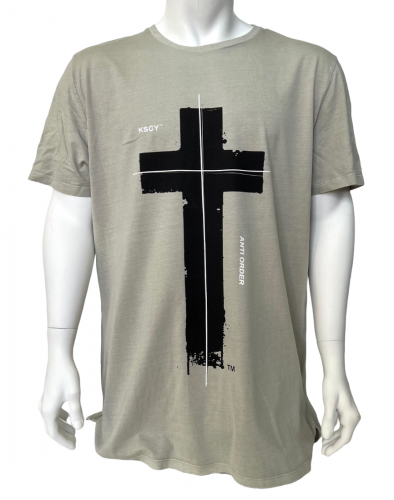 Серая мужская футболка K S C Y с бело-черным принтом  №554